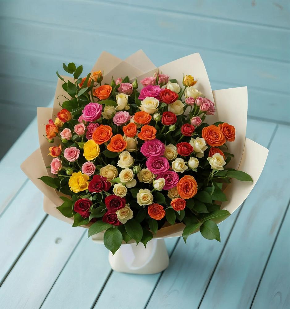 Букет Микс из разноцветных кустовых роз в Серпухове